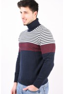 Men Sweater Jack&Jones Jjsteven Roll Neck Navy Blazer Stripes True Red
